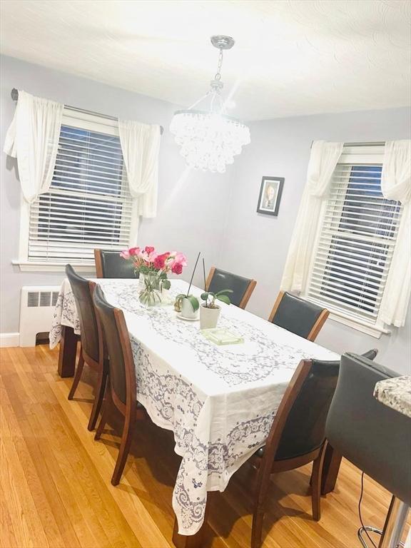 dining room with light hardwood / wood-style flooring, radiator, and a notable chandelier