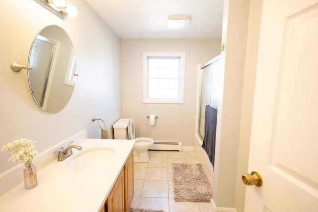 bathroom with tile patterned floors, a shower with shower door, toilet, and a baseboard radiator