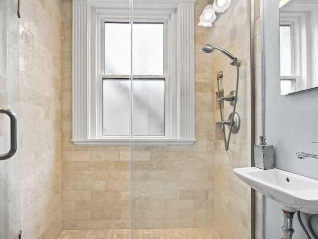 bathroom featuring sink and a shower with shower door