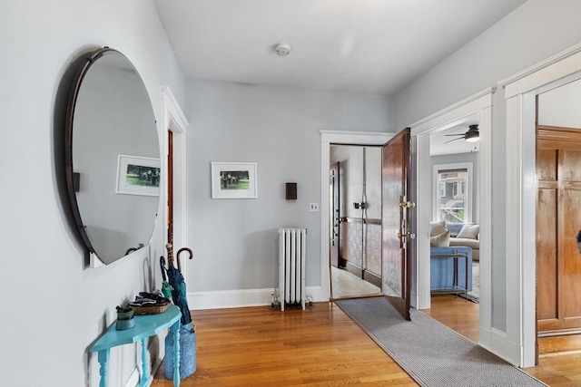 hall with radiator heating unit and light hardwood / wood-style flooring