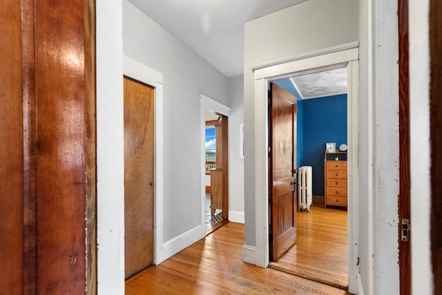 hallway featuring wood-type flooring and radiator heating unit