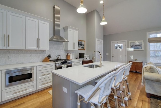 kitchen featuring an island with sink, a sink, white cabinetry, stainless steel appliances, and wall chimney exhaust hood