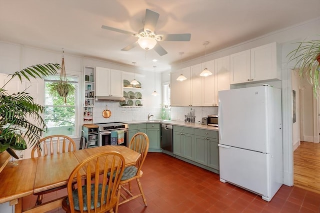 13 Sargent Ave Unit 1, Somerville, MA 02145 - kitchen with appliances with stainless steel finishes, open shelves, white cabinets, and a ceiling fan