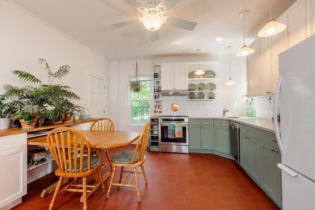 13 Sargent Ave Unit 1, Somerville, MA 02145 - kitchen with stainless steel appliances, open shelves, tasteful backsplash, green cabinets, and ceiling fan
