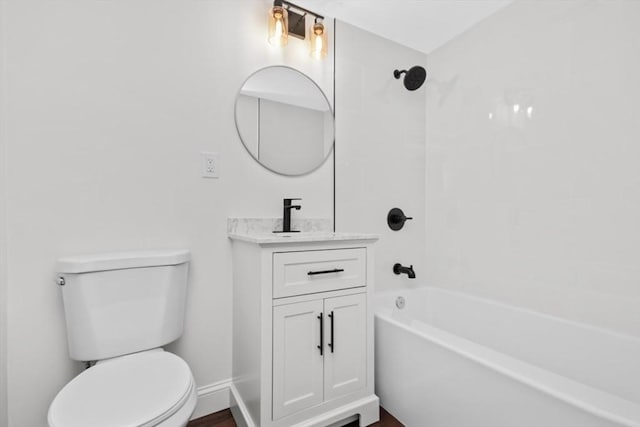 full bathroom with toilet, vanity, and bathing tub / shower combination