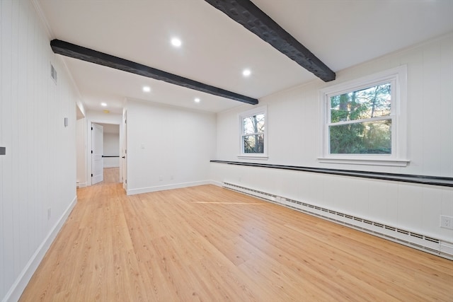 unfurnished room with a baseboard radiator, beamed ceiling, and light hardwood / wood-style floors