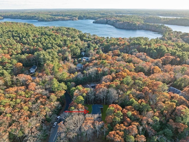 drone / aerial view with a water view