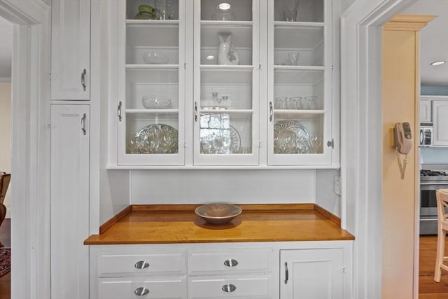 bar with white cabinetry, stainless steel appliances, and wood-type flooring