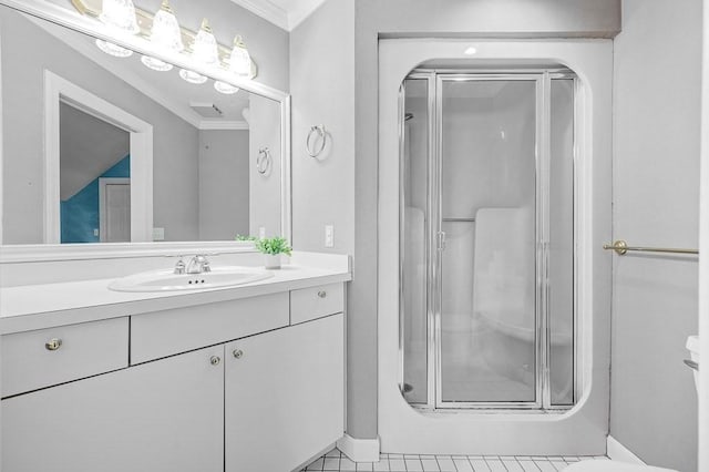 30 Eastern Point Dr Unit 30, Shrewsbury, MA 01545 - bathroom featuring a stall shower, vanity, and ornamental molding