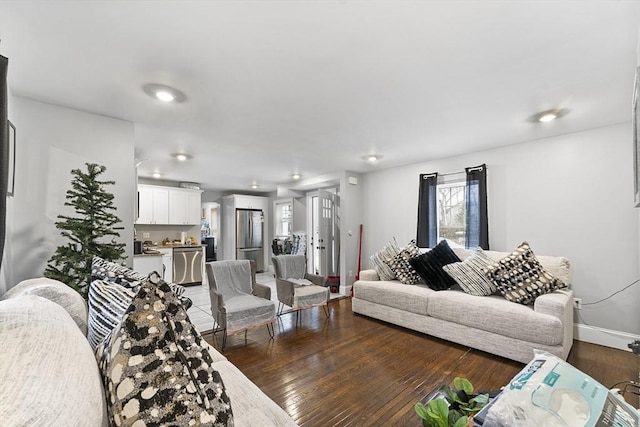 living room featuring dark wood-type flooring