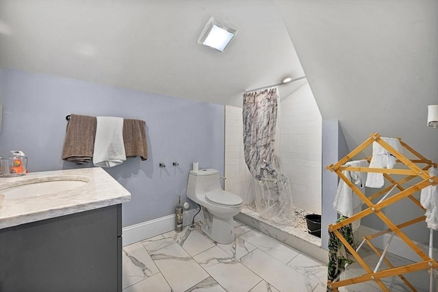 bathroom featuring vanity, vaulted ceiling, toilet, and walk in shower