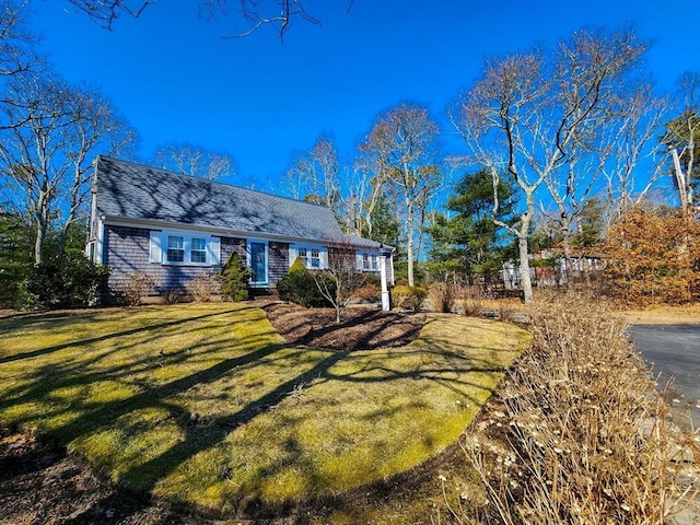 view of front of house featuring a front lawn and roof with shingles