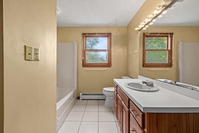 18 Bismark St, Dedham, MA 02026 - full bath featuring baseboard heating, tile patterned flooring, vanity, and healthy amount of natural light