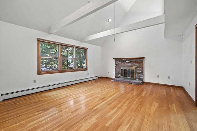 18 Bismark St, Dedham, MA 02026 - unfurnished living room featuring a baseboard heating unit, wood finished floors, beamed ceiling, a fireplace, and high vaulted ceiling