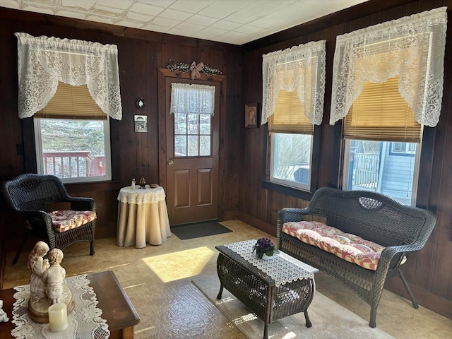 sitting room with wooden walls