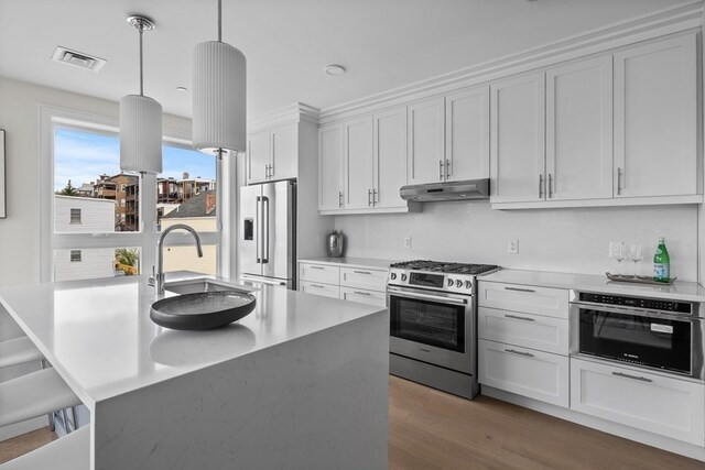 kitchen featuring sink, premium appliances, decorative light fixtures, white cabinets, and hardwood / wood-style flooring