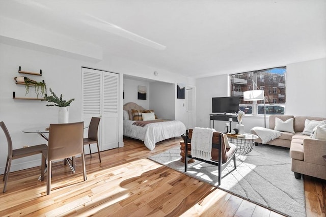 bedroom featuring wood-type flooring and a closet