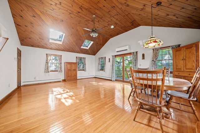 dining room featuring light wood-style floors, a wall mounted air conditioner, high vaulted ceiling, a ceiling fan, and a baseboard radiator