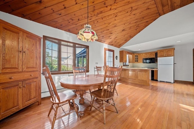 dining room featuring high vaulted ceiling, a baseboard heating unit, wooden ceiling, and light wood finished floors