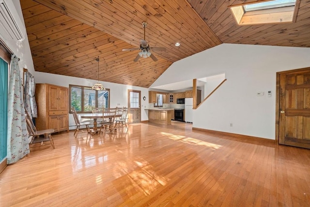 living area with high vaulted ceiling, baseboards, wooden ceiling, light wood-type flooring, and a skylight