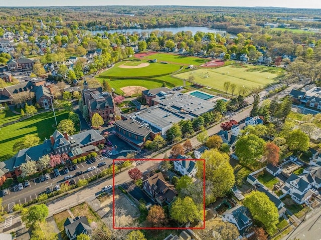 birds eye view of property featuring a water view