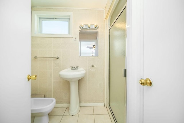 35 Lazywood Ln, Swansea, MA 02777 - full bath featuring a stall shower, tile patterned floors, a bidet, tile walls, and ceiling fan