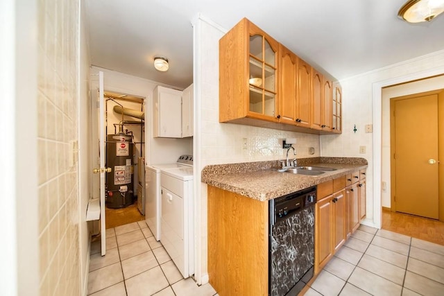35 Lazywood Ln, Swansea, MA 02777 - kitchen with black dishwasher, water heater, light tile patterned flooring, glass insert cabinets, and washing machine and dryer