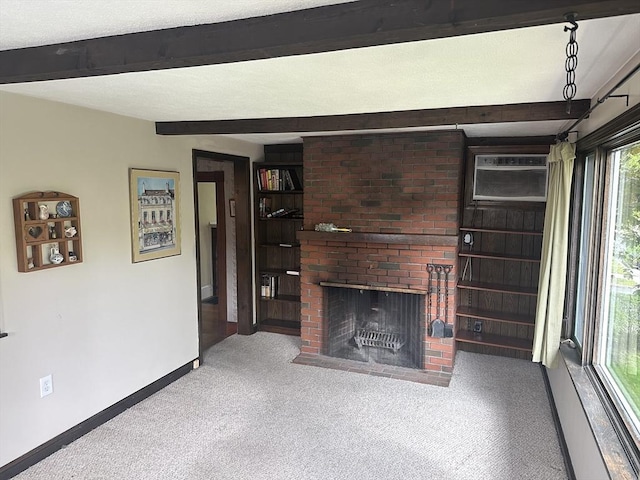 54 Brunswick Park, Melrose, MA 02176 - unfurnished living room with baseboards, beam ceiling, carpet floors, and a fireplace