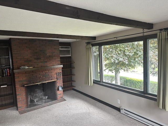 54 Brunswick Park, Melrose, MA 02176 - unfurnished living room featuring a baseboard radiator, beamed ceiling, carpet, a textured ceiling, and baseboards