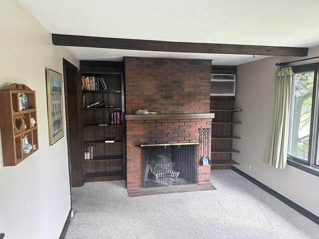 54 Brunswick Park, Melrose, MA 02176 - unfurnished living room with carpet, a textured ceiling, a brick fireplace, plenty of natural light, and a wall unit AC