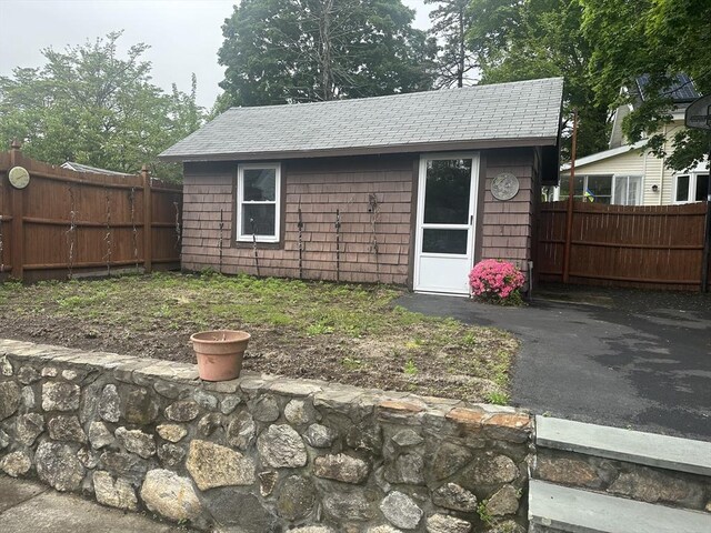54 Brunswick Park, Melrose, MA 02176 - view of outdoor structure featuring a fenced backyard and an outdoor structure