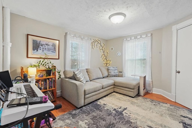 living room featuring a textured ceiling and wood-type flooring