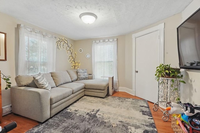 living room featuring a wealth of natural light, a textured ceiling, and wood-type flooring