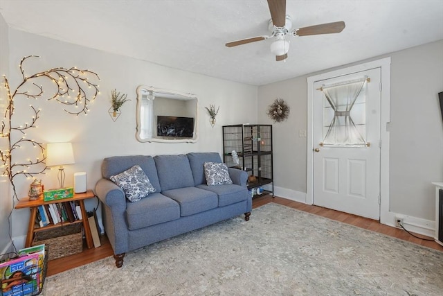 living room with ceiling fan and hardwood / wood-style flooring