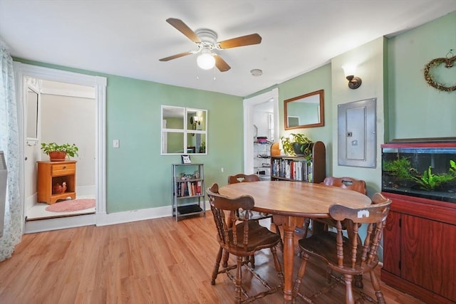 dining space featuring electric panel, light wood-type flooring, and ceiling fan