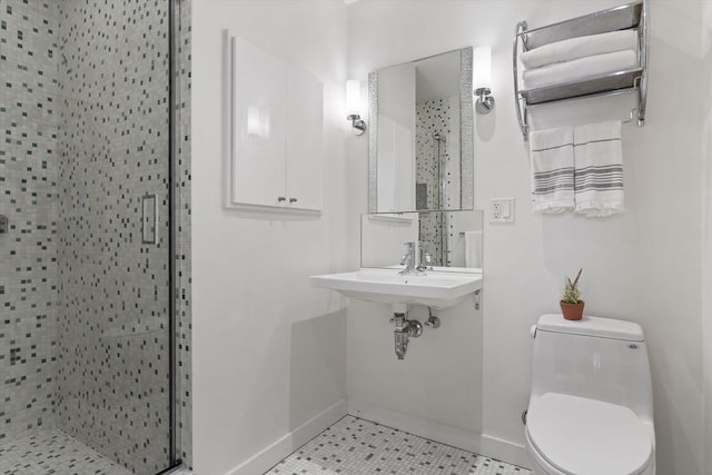 bathroom featuring toilet, walk in shower, and tile patterned flooring