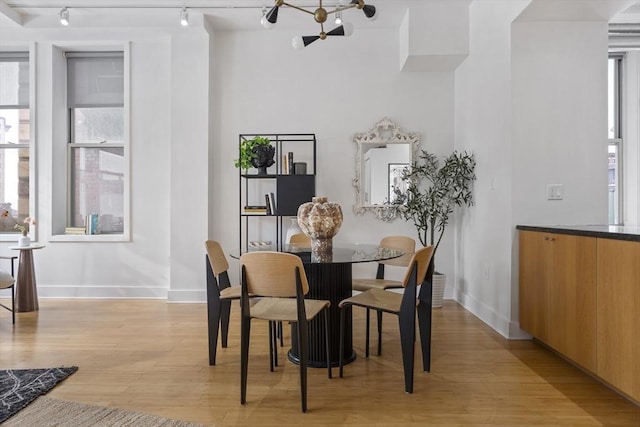 dining room featuring rail lighting and light hardwood / wood-style floors