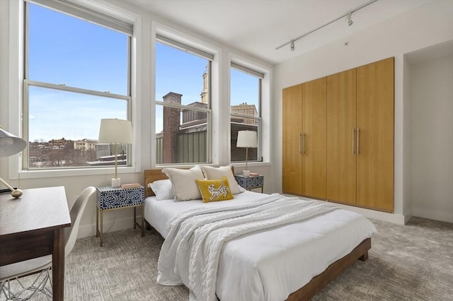 bedroom with rail lighting and carpet floors