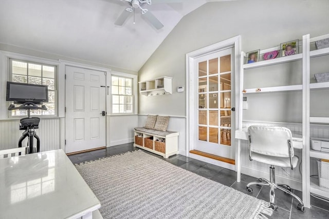 office area with vaulted ceiling and ceiling fan