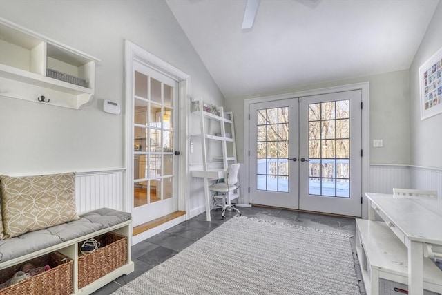 doorway to outside featuring vaulted ceiling, ceiling fan, and french doors