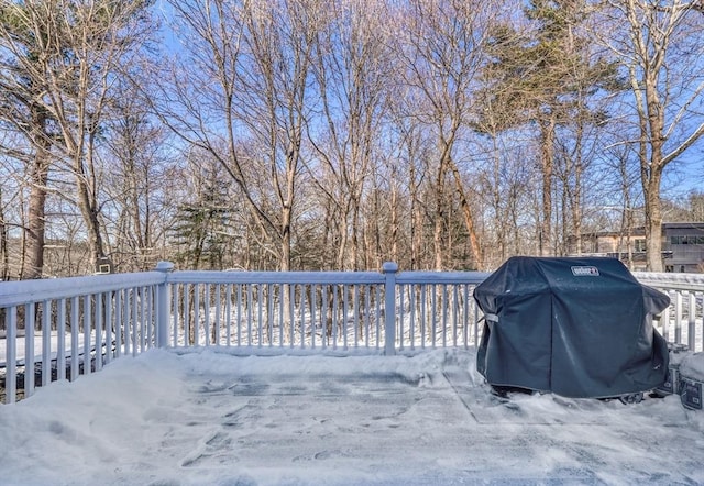 snow covered deck with area for grilling