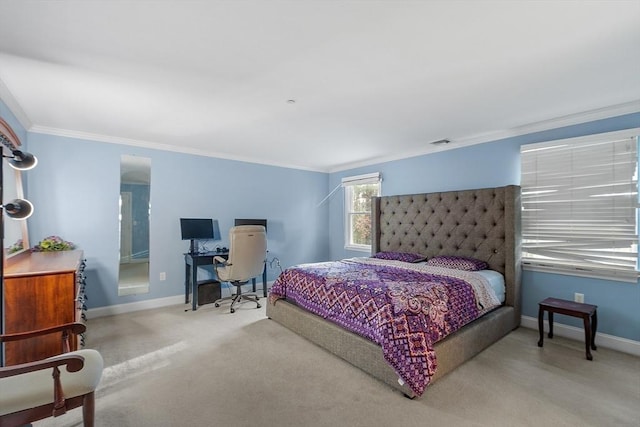 bedroom with carpet flooring and crown molding