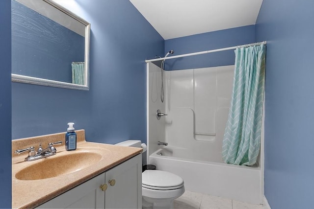 full bathroom with tile patterned flooring, vanity, toilet, and shower / bath combo with shower curtain