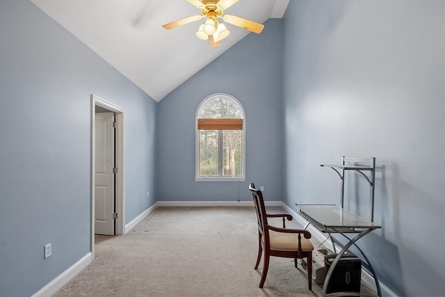 home office with ceiling fan, light carpet, and vaulted ceiling