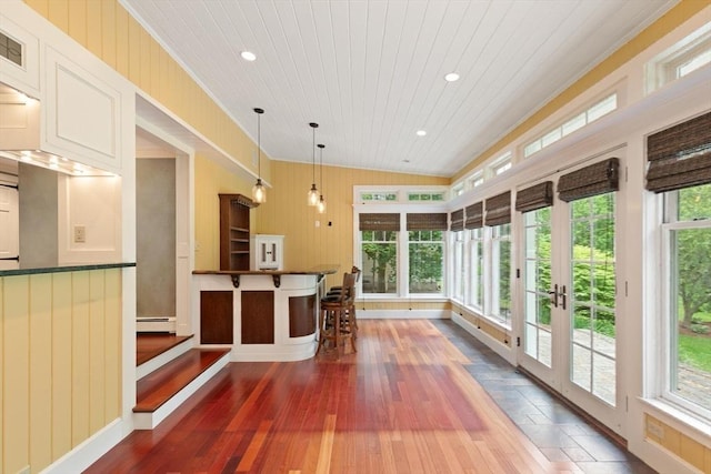 14 Prince St, Danvers, MA 01923 - kitchen with wood ceiling, dark wood-type flooring, recessed lighting, hanging light fixtures, and crown molding
