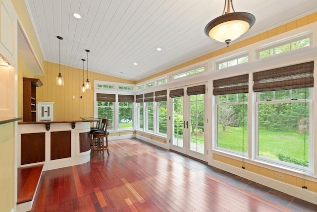 14 Prince St, Danvers, MA 01923 - sunroom / solarium with french doors, wood-type flooring, recessed lighting, lofted ceiling, and wood ceiling