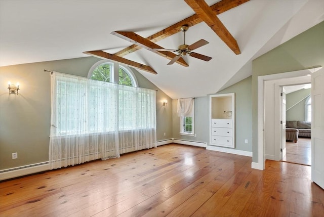 14 Prince St, Danvers, MA 01923 - unfurnished living room featuring beam ceiling, hardwood / wood-style flooring, baseboard heating, ceiling fan, and high vaulted ceiling