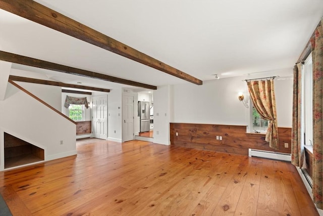 14 Prince St, Danvers, MA 01923 - unfurnished living room featuring a baseboard heating unit, light wood-type flooring, beamed ceiling, and stairs