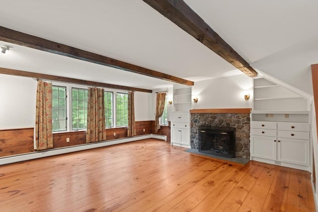 14 Prince St, Danvers, MA 01923 - unfurnished living room featuring beamed ceiling, light wood-style flooring, a stone fireplace, and baseboard heating