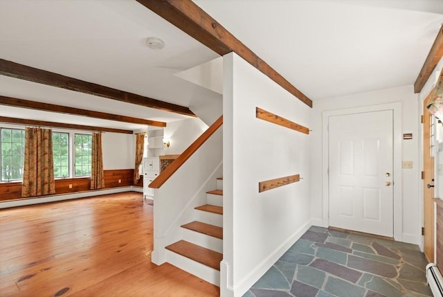 14 Prince St, Danvers, MA 01923 - entrance foyer with baseboard heating, beamed ceiling, stairs, and wood finished floors